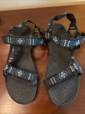 Unisex Black Sandals with Blue and Gray Patterned Velcro Straps
